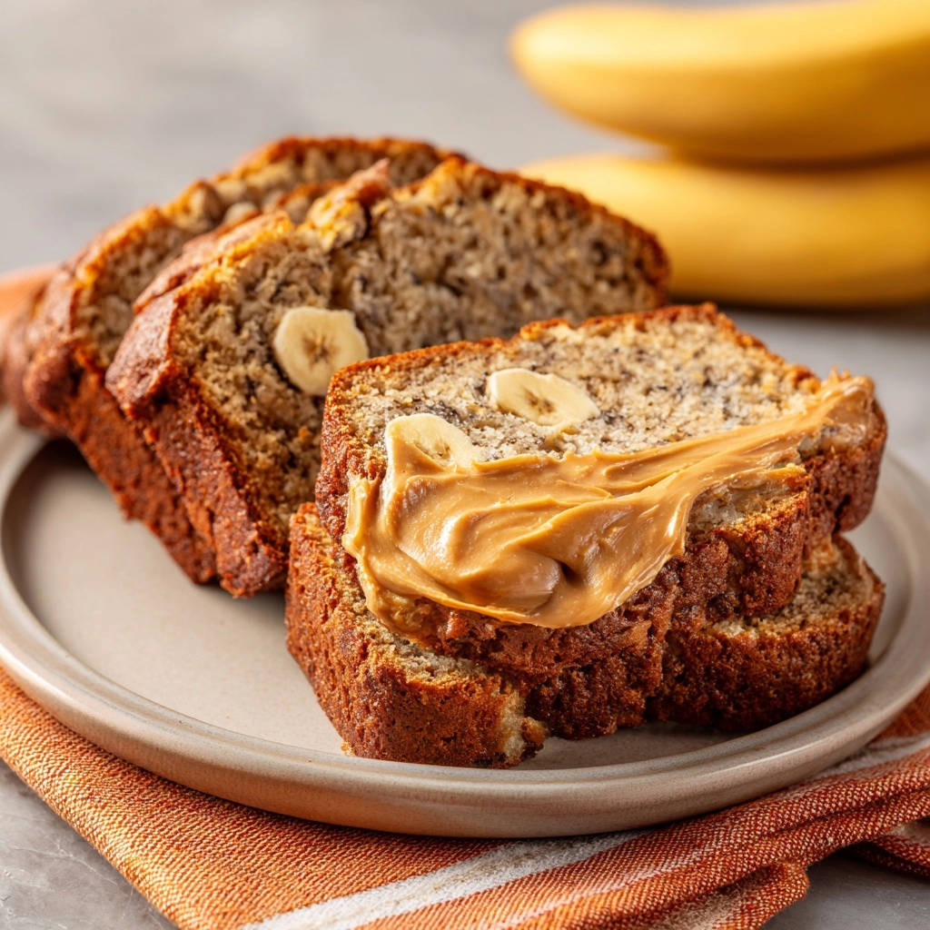 Classic banana bread with peanut butter spread on a slice, showing banana pieces within the loaf.