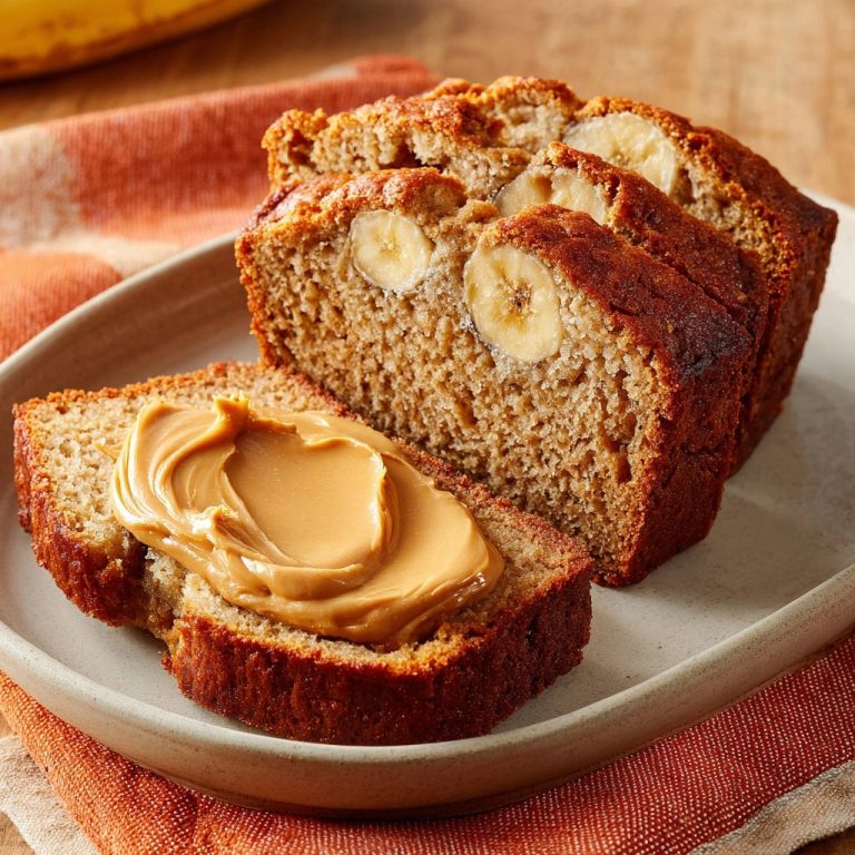 Classic banana bread with a slice spread with creamy peanut butter and topped with banana slices.