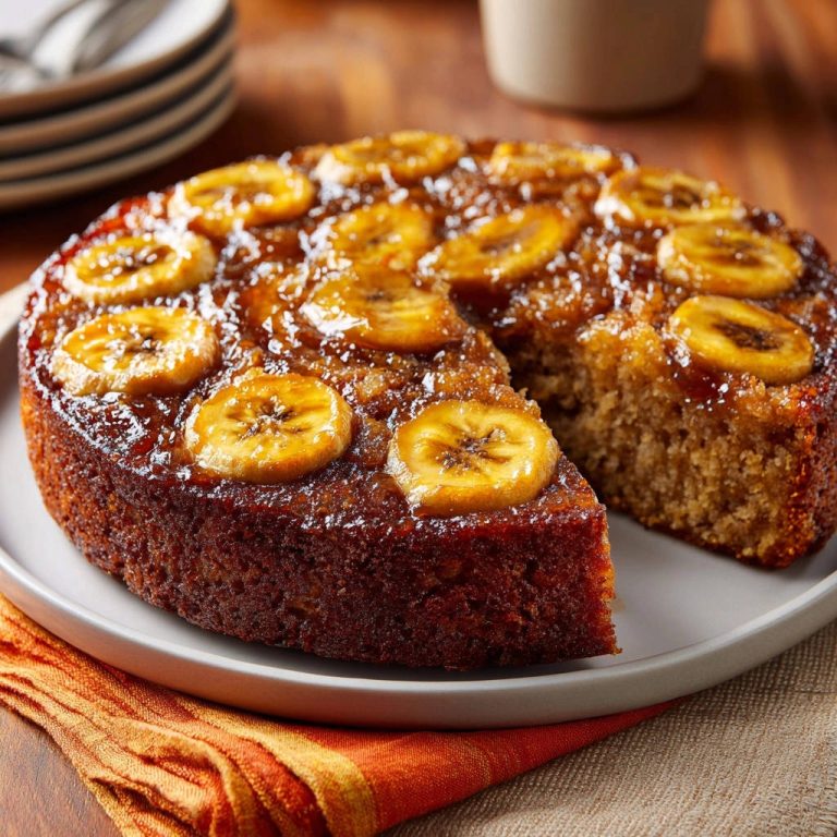 Classic Banana Upside-Down Cake sliced to show its fluffy interior and caramelized banana topping.