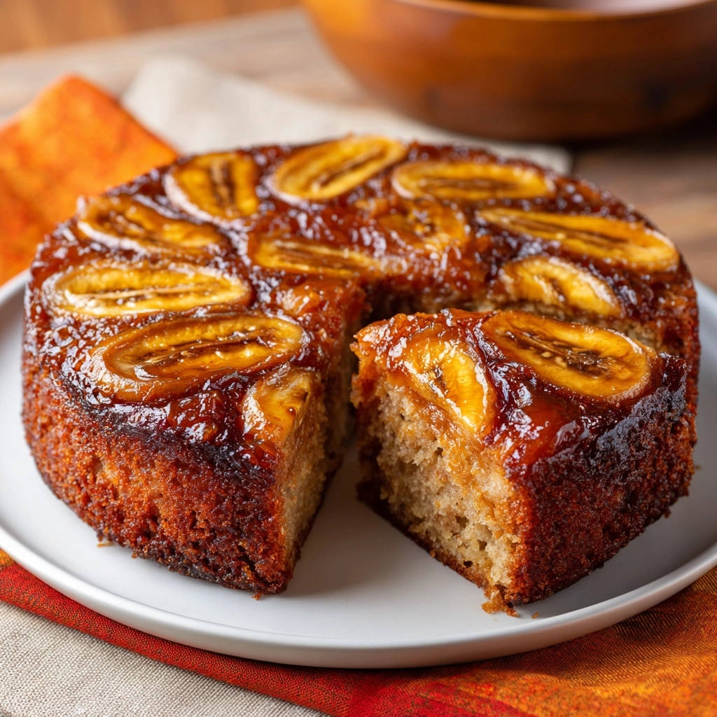 Classic Banana Upside-Down Cake, a fluffy cake with a slice removed revealing its moist crumb and caramelized banana topping.
