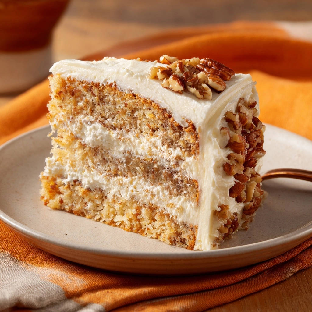 Classic carrot cake cross-section showing moist layers and white frosting, garnished with chopped pecans.