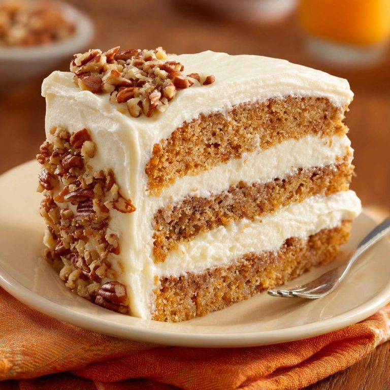 Classic carrot cake featuring a close-up cross-section of moist layers and cream cheese frosting, generously topped with chopped pecans.