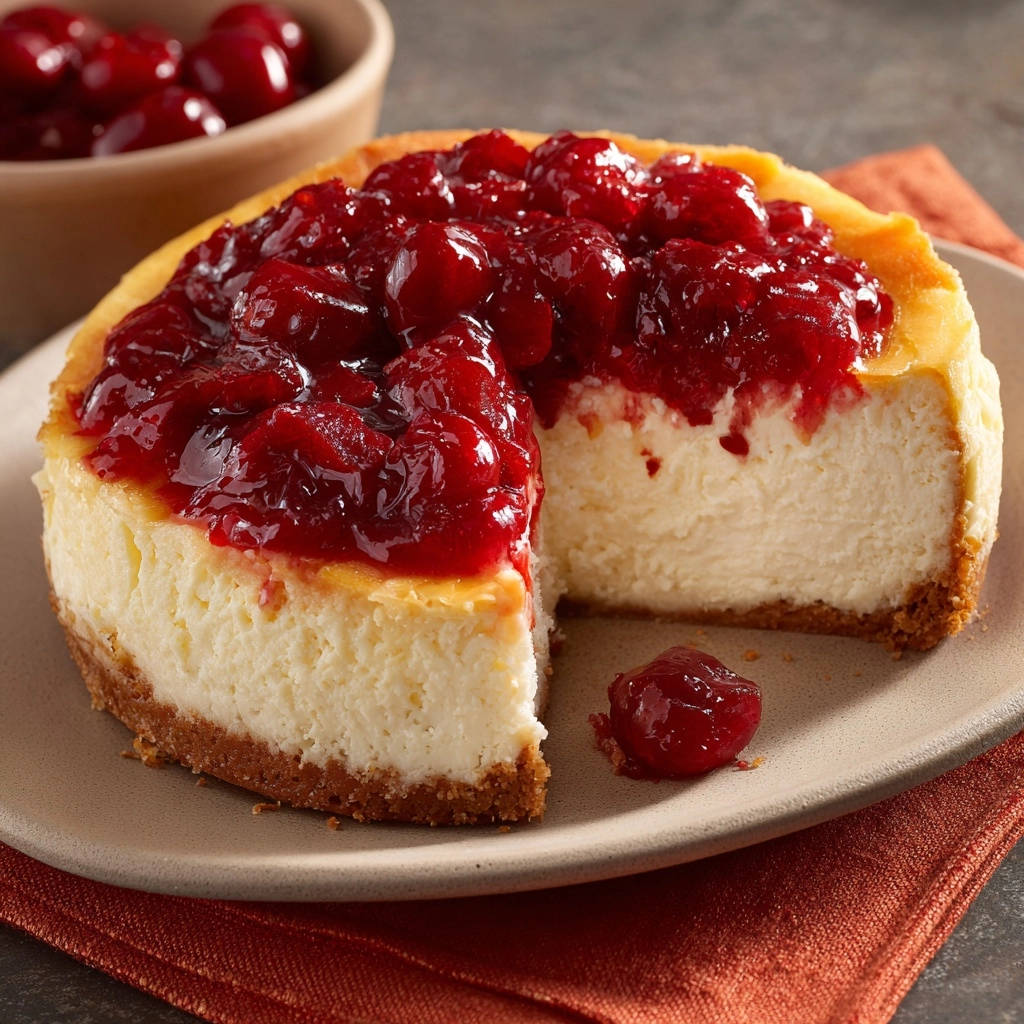 Classic cherry cheesecake with a close-up cross-section showing the creamy interior and vibrant cherry topping.