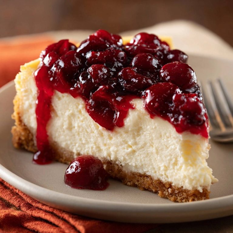 Classic cherry cheesecake plated slice with glistening cherry topping and a fork nearby.