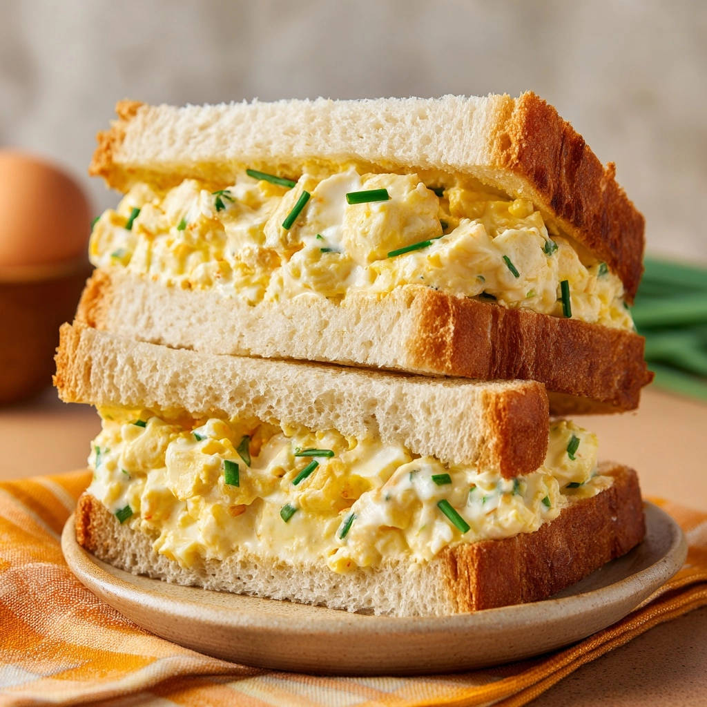 Classic egg salad sandwiches stacked, showing a generous cross-section of the creamy filling with chives.