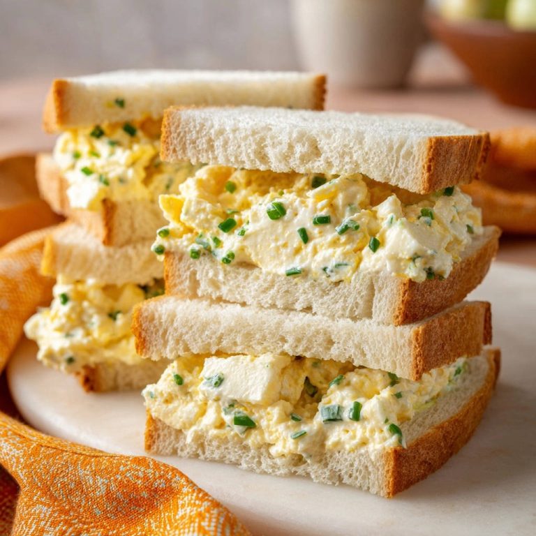 Classic egg salad sandwiches stacked, showing a generous cross-section of creamy egg salad with chives.