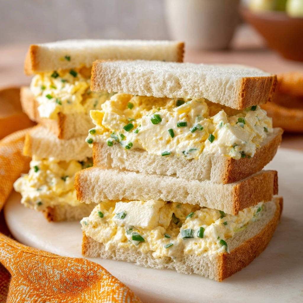 Classic egg salad sandwiches stacked, showing a generous cross-section of creamy egg salad with chives.