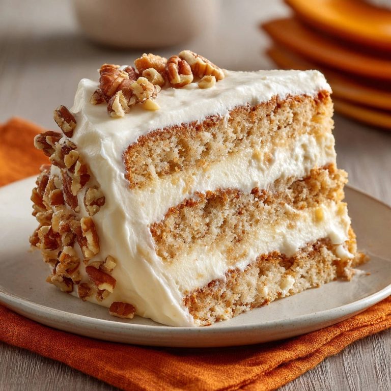 Classic spice layer cake slice showing layers of cake and frosting, garnished with pecans.