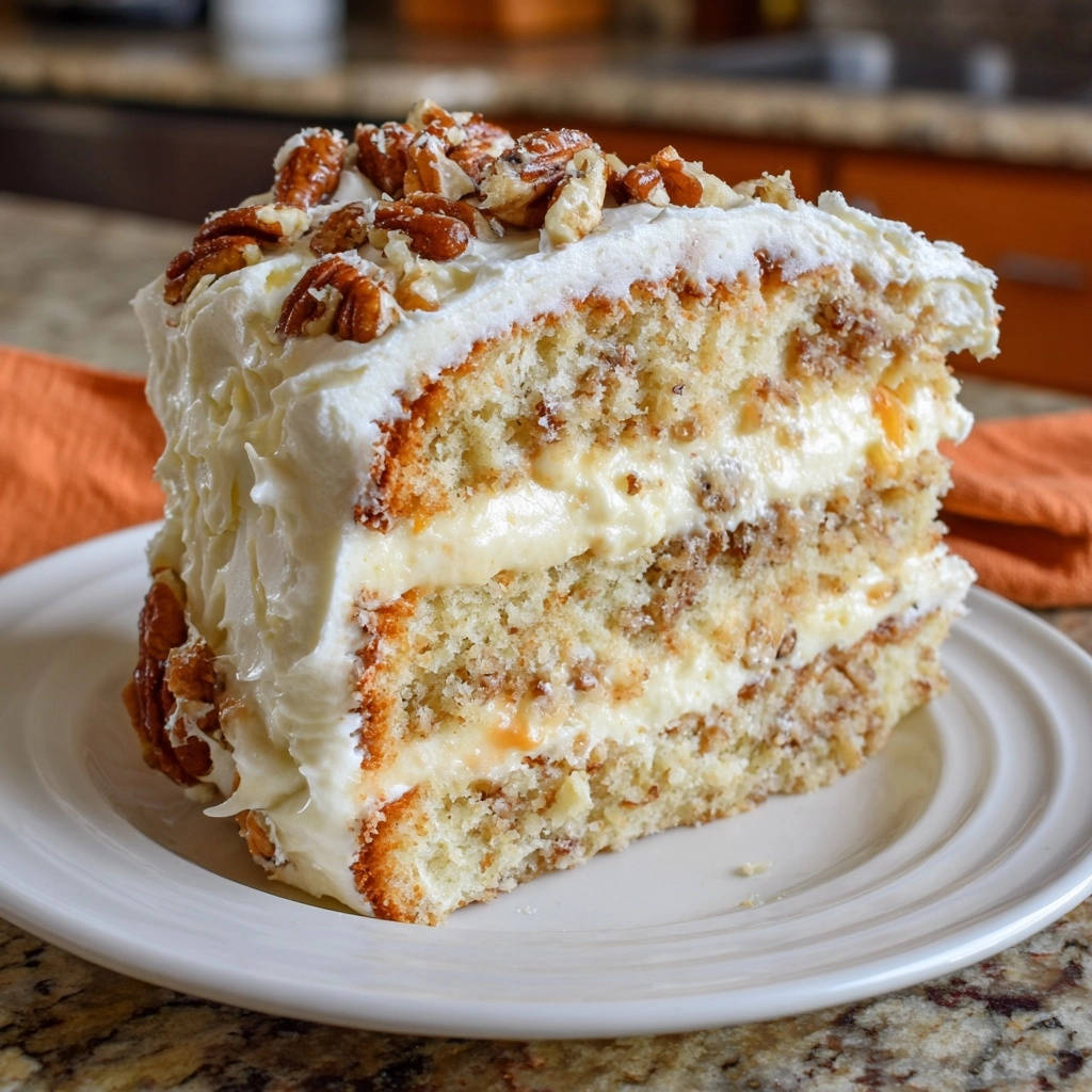 Classic spice layer cake slice with creamy frosting and toasted pecan topping on a white plate.