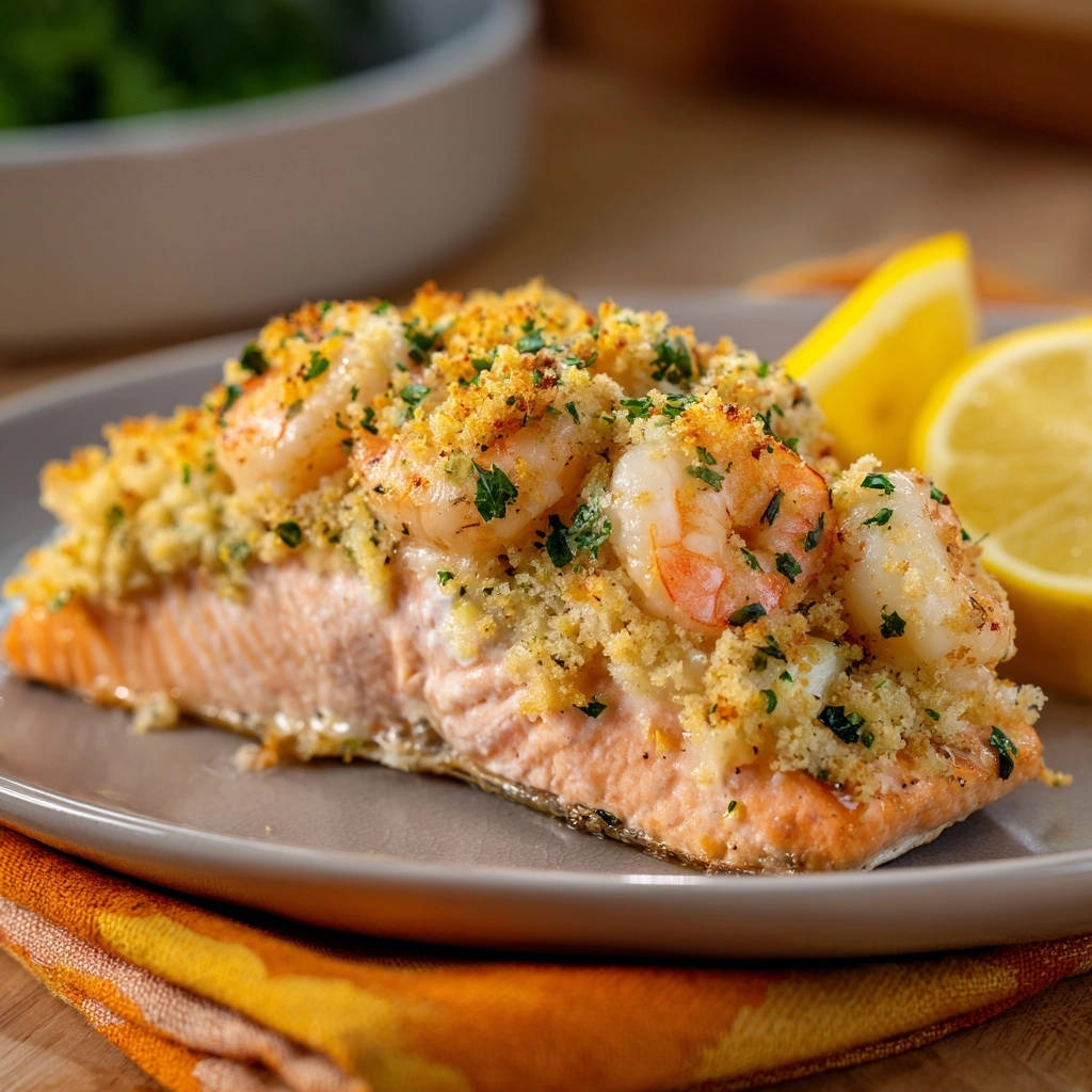 Crab & shrimp stuffed salmon plated close-up showing a golden breadcrumb topping and fresh parsley garnish.