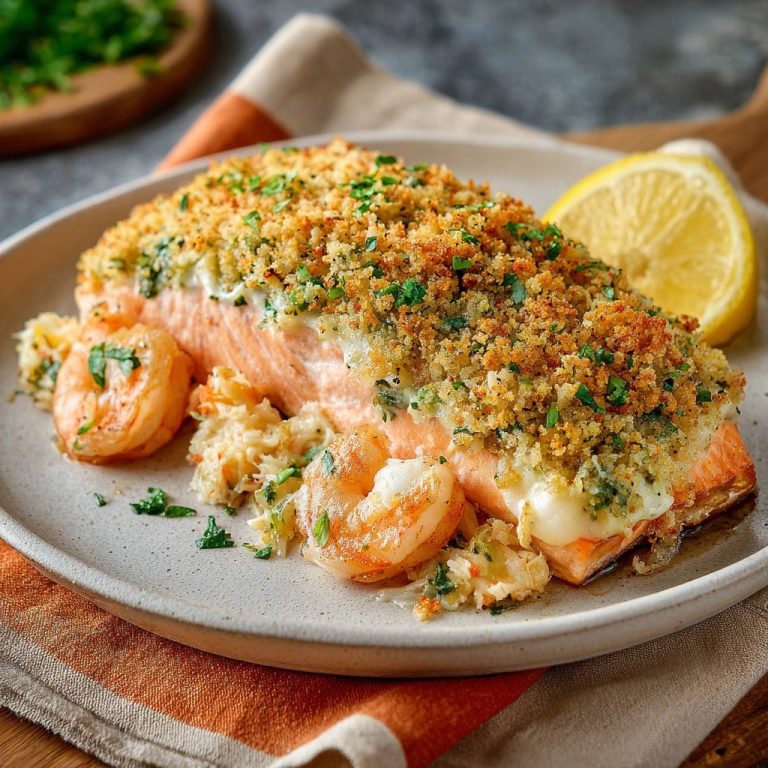 Crab & Shrimp Stuffed Salmon plated with a lemon slice and a side view showing the crisp topping.