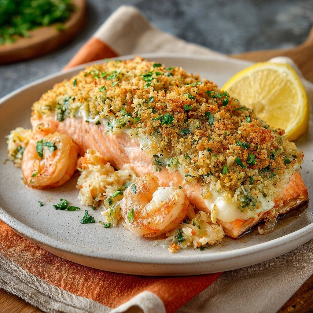 Crab & Shrimp Stuffed Salmon plated with a lemon slice and a side view showing the crisp topping.