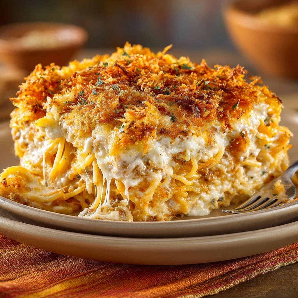 Creamy Baked Spaghetti Bake with a close-up cross-section showing fluffy strands and a golden breadcrumb topping.