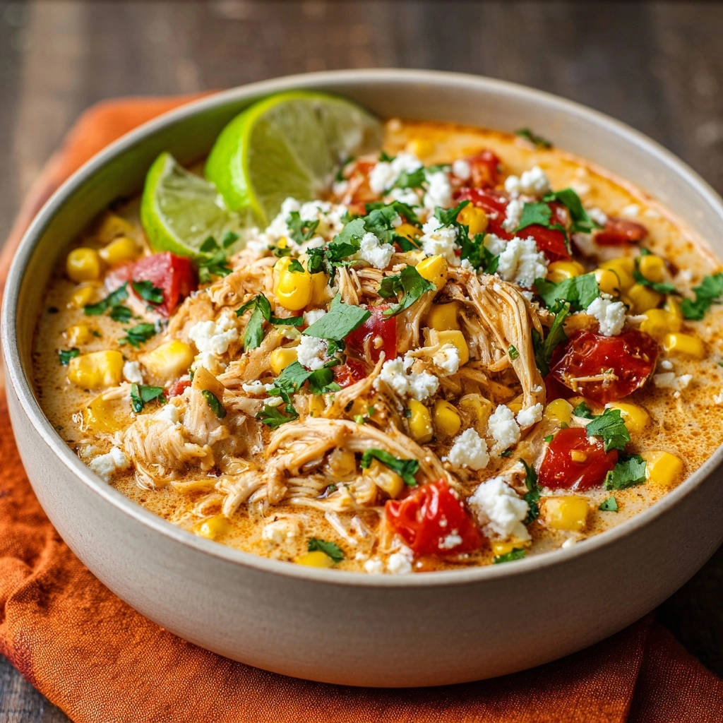 Creamy chicken chili garnished with cilantro, crumbled cheese, and lime wedges in a rustic bowl.