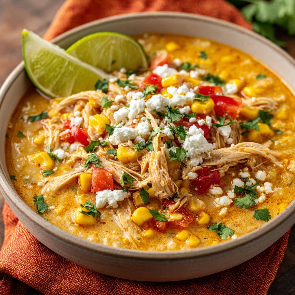 Creamy chicken chili served in a bowl, topped with crumbled feta, corn, tomatoes, and fresh cilantro.