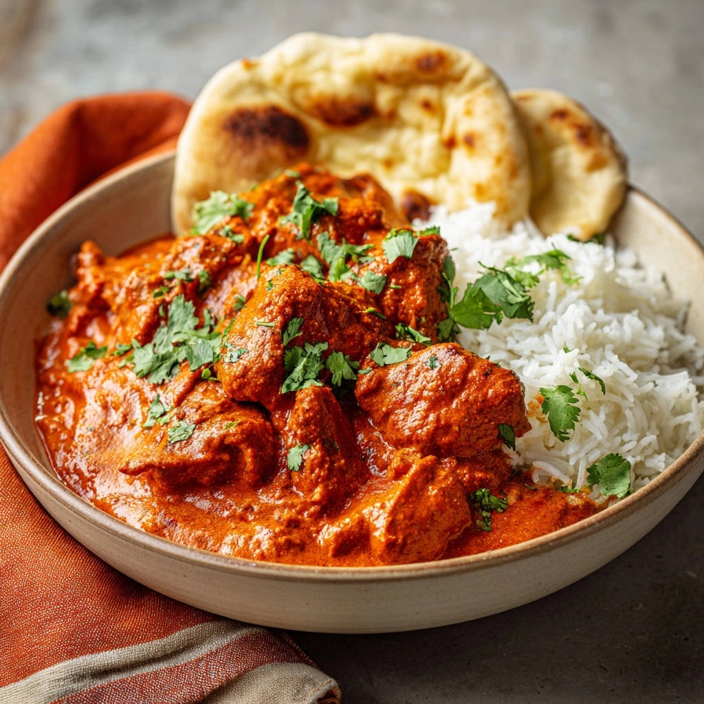 Creamy chicken curry served in a bowl with rice and naan bread, garnished with fresh cilantro.