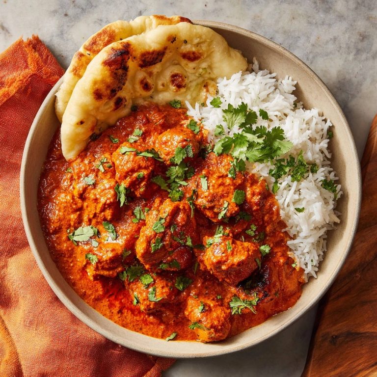 Creamy chicken curry served in a bowl with fluffy rice and naan bread, garnished with fresh cilantro.