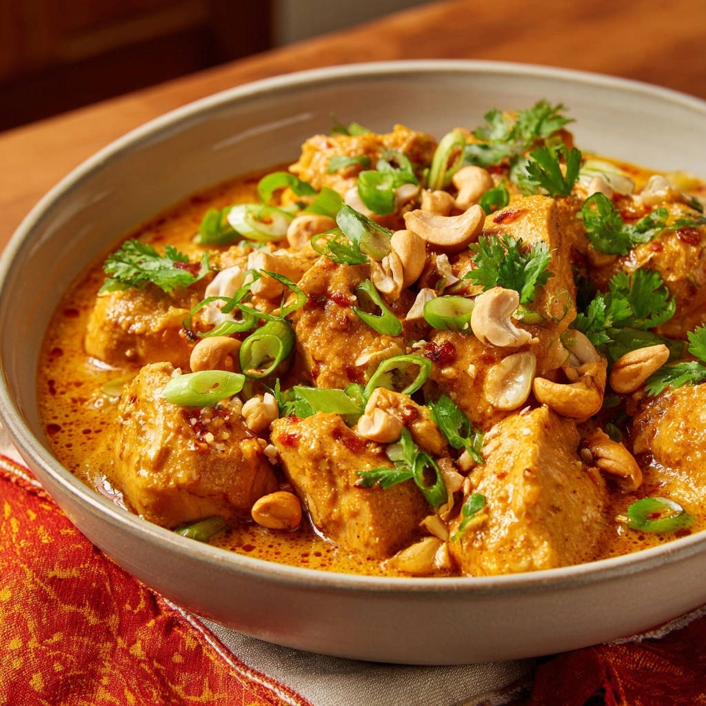 Creamy coconut cashew chicken with a close-up view of tender bites, garnished with cashews and cilantro.
