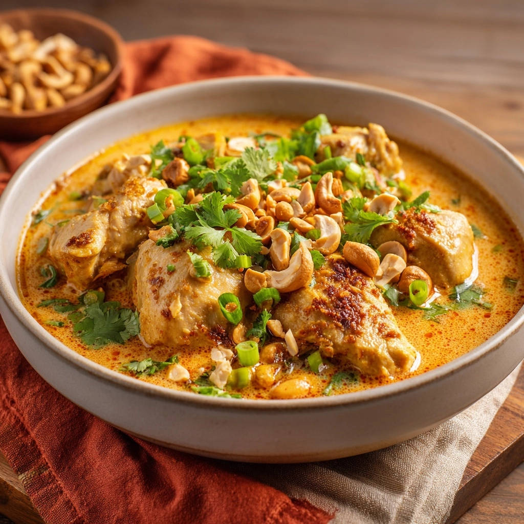 Creamy Coconut Cashew Chicken served in a bowl, generously garnished with fresh cilantro and chopped cashews.