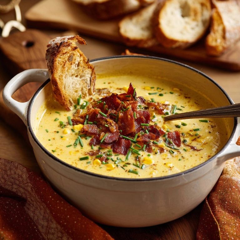 Creamy corn chowder in a white bowl, generously topped with crispy bacon and chives, served with crusty bread.