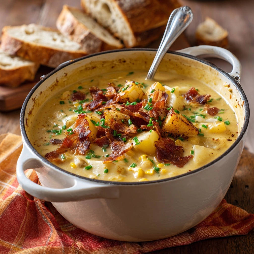 Creamy corn chowder generously garnished with crispy bacon and fresh chives in a white pot.