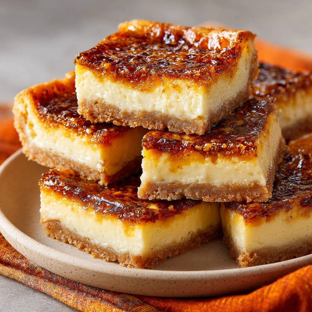 Creamy custard bars with a caramelized crunch, stacked high on a plate, showcasing their rich topping and creamy filling.