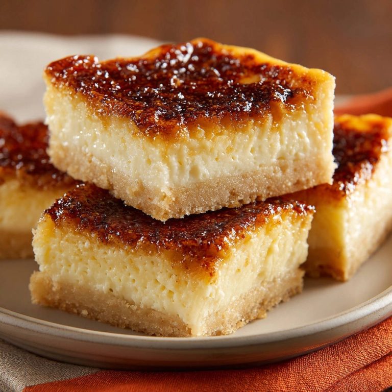 Creamy custard bars with a caramelized topping shown in a close-up cross-section revealing the layers.