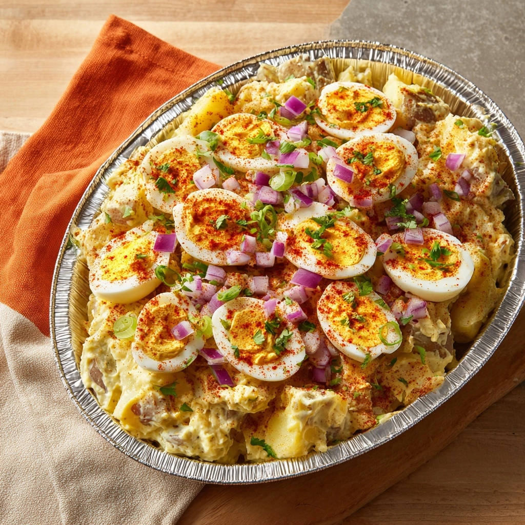 Creamy potato salad topped with sliced hard-boiled eggs, red onion, and parsley, garnished with paprika.