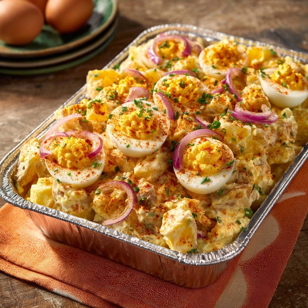 Creamy potato salad in a foil pan, topped with halved hard-boiled eggs, red onion slices, and paprika.