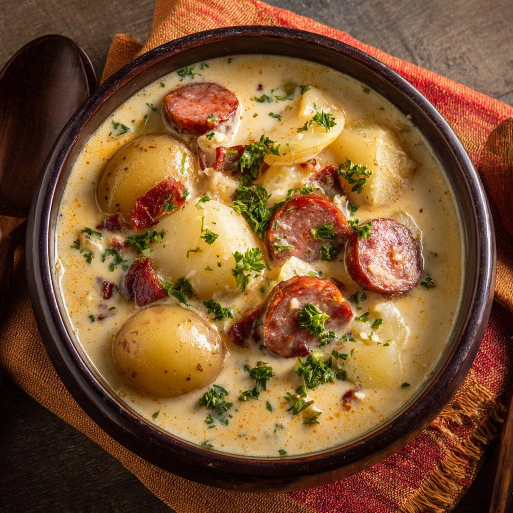 Creamy sausage and potato soup shown in a rustic bowl, garnished with fresh parsley, with a wooden spoon nearby.