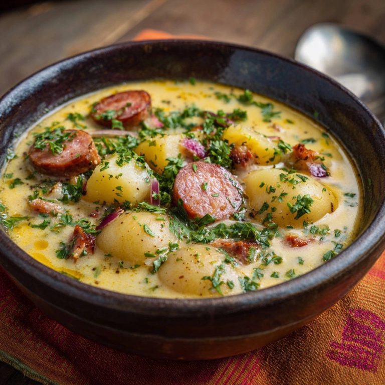 Creamy sausage & potato soup shown in a rustic dark bowl with a close-up view of the hearty ingredients and fresh parsley garnish.