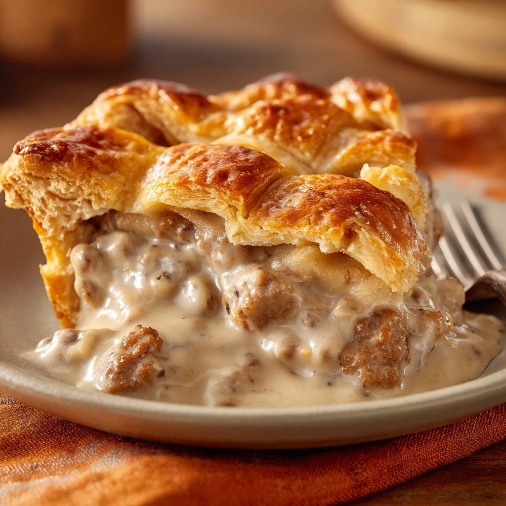 Creamy savory pot pie cross-section showing a golden flaky crust over sausage and gravy filling.