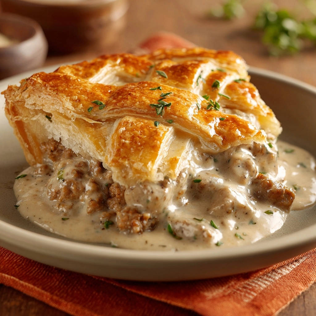 Creamy savory pot pie with a golden flaky crust shown in a close-up cross-section revealing the filling.