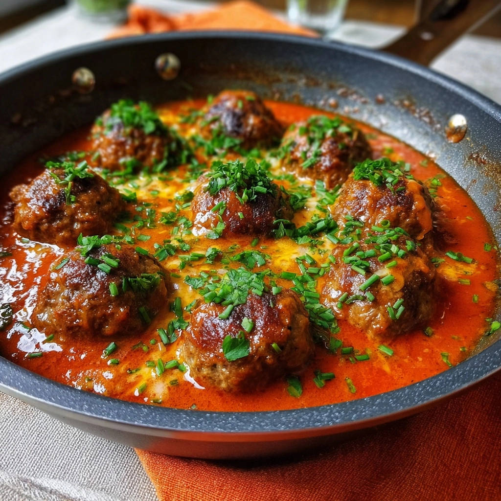 Creamy skillet meatballs shown in a close-up view, topped with fresh green chives and bathed in a rich tomato sauce.