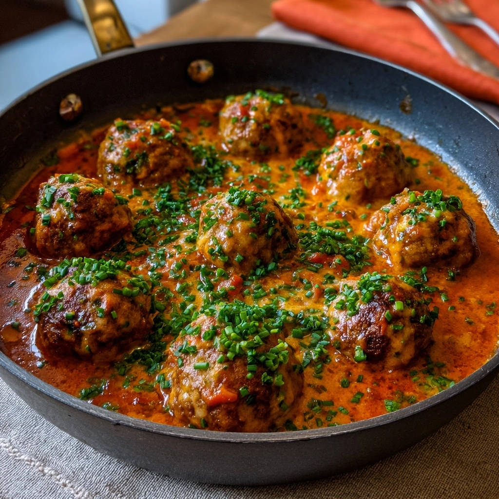 Creamy skillet meatballs in a rich sauce, generously garnished with finely chopped chives.