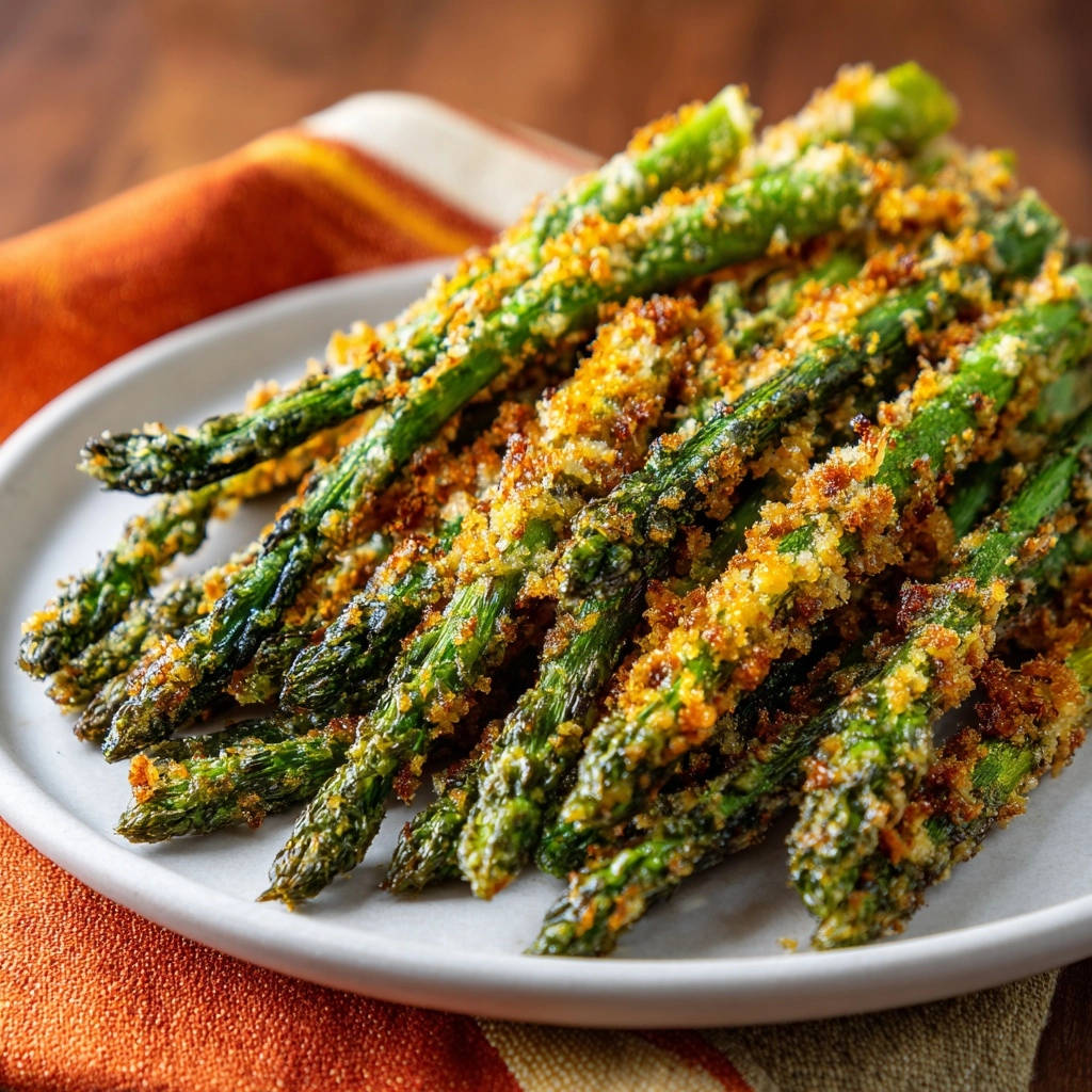 Crispy baked asparagus piled on a white plate, coated in golden breadcrumbs.