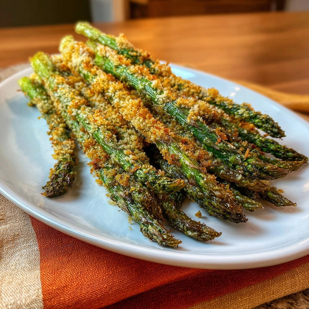 Crispy baked asparagus spears coated in golden breadcrumbs, presented on a white plate from a side view.