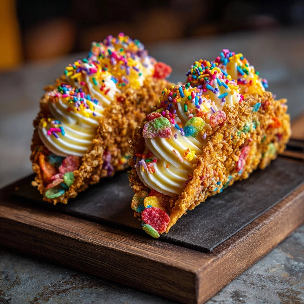 Crispy cereal dessert tacos garnished with colorful sprinkles and cereal pieces on a wooden board.