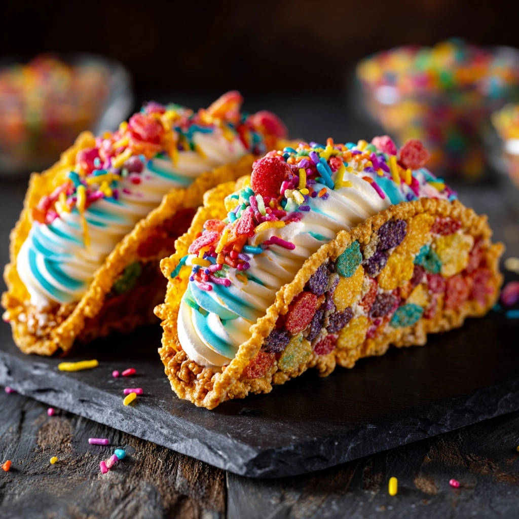 Crispy cereal dessert tacos with swirled ice cream and colorful sprinkles, shown in a close-up detail of two servings.