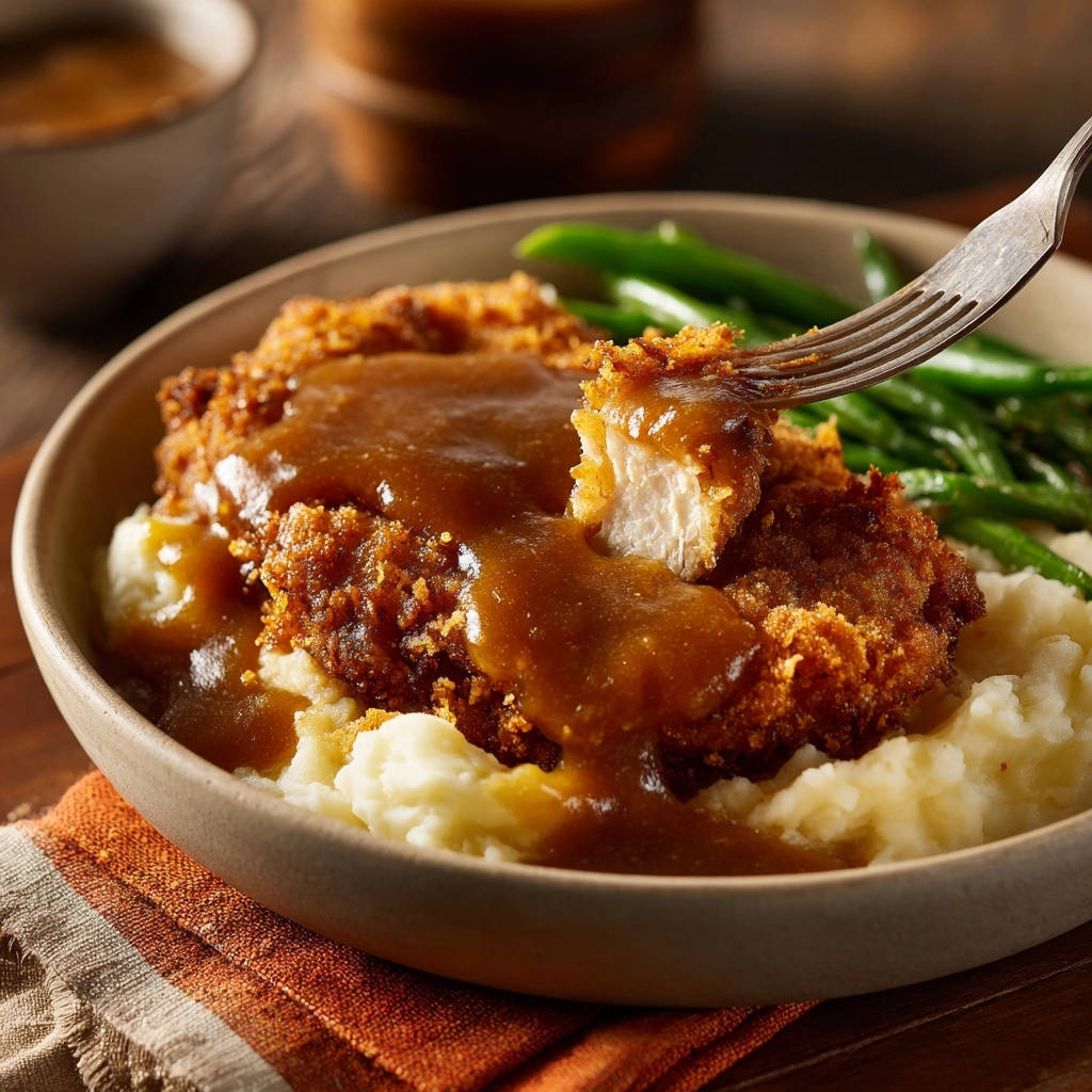 Crispy chicken cutlets with gravy, a fork revealing the interior slice, served with mashed potatoes and green beans.
