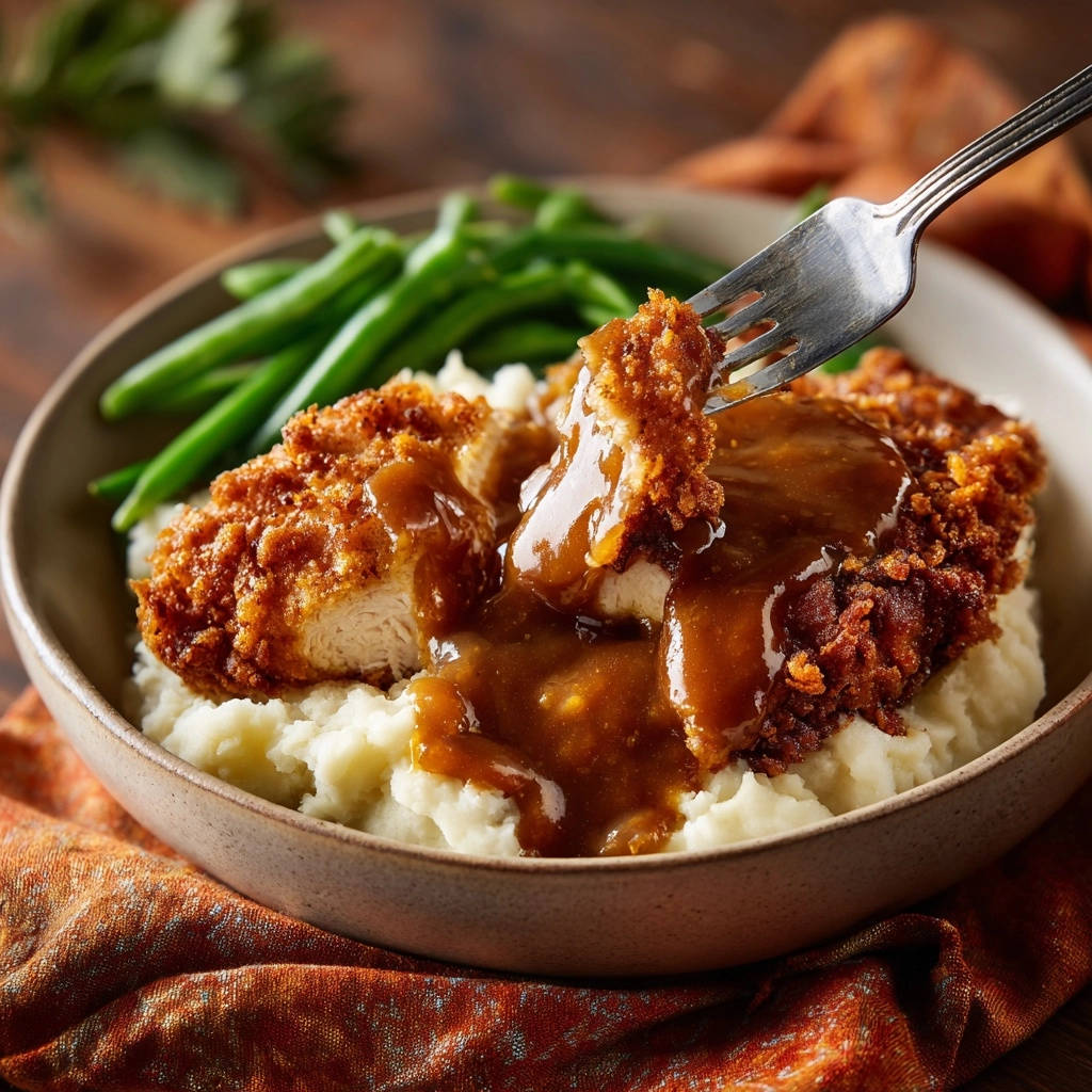 Crispy chicken cutlets with gravy on mashed potatoes, with a fork lifting a piece to show the texture.