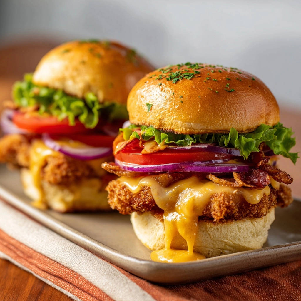 Crispy fried chicken sandwich with dripping cheese, lettuce, tomato, and red onion on a bun.