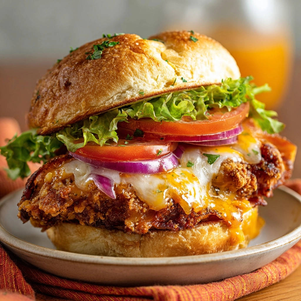 Crispy fried chicken sandwich with melted cheese, lettuce, tomato, and red onion on a bun.