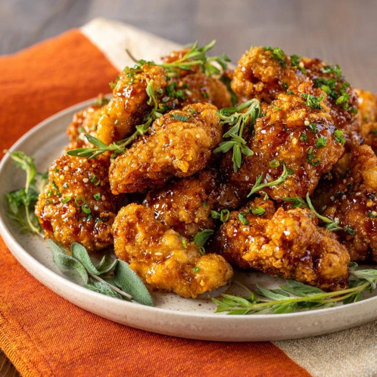 Crispy glazed chicken bites served on a plate, glistening with sauce and garnished with fresh herbs and green onions.