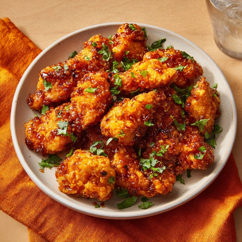 Crispy glazed chicken bites are piled high in a bowl, garnished with fresh parsley, viewed from directly above.
