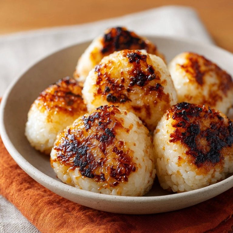Crispy grilled rice balls in a bowl, showcasing their golden-brown seared texture and clustered arrangement.
