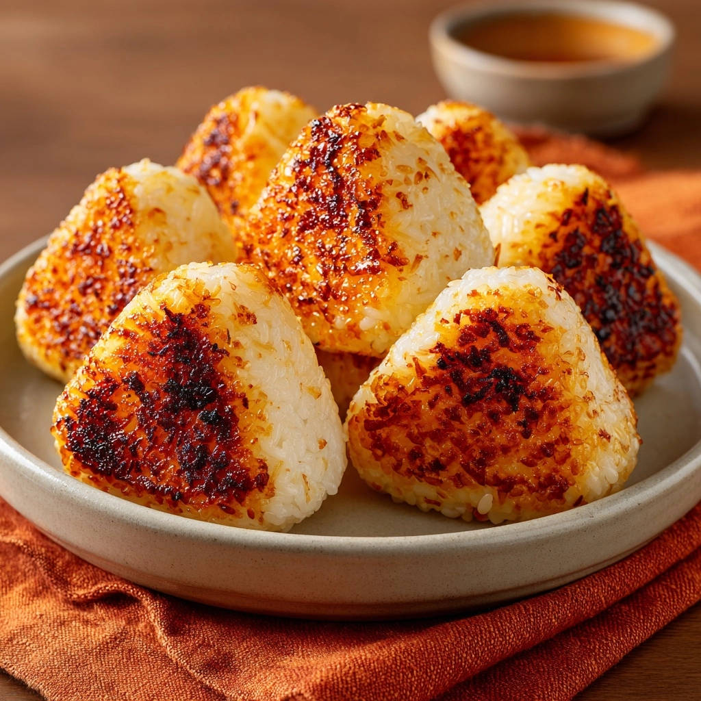 Crispy grilled rice balls with a golden-brown, seared exterior showing a detailed texture.