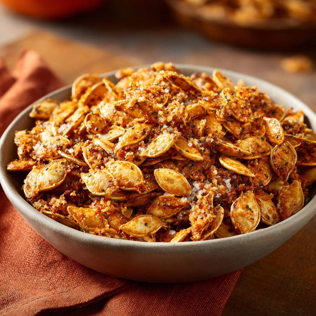 Crispy roasted pumpkin seeds in a bowl, showing a close-up detail of the seasoned texture and flaky texture.