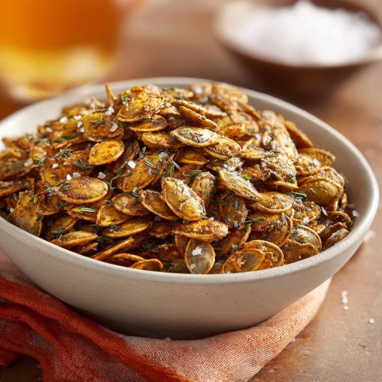 Crispy roasted pumpkin seeds in a bowl, a close-up view highlighting the seasoned texture and flaky sea salt garnish.