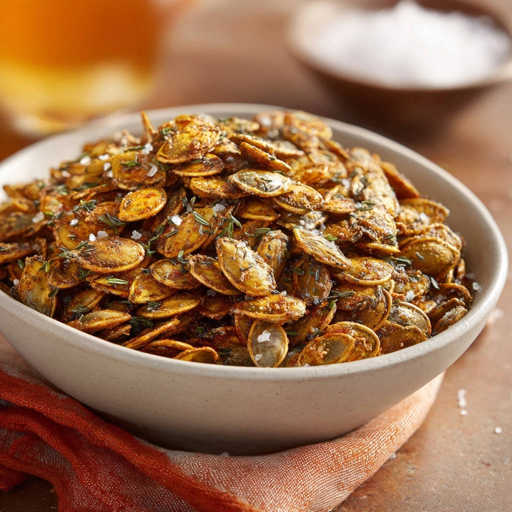 Crispy roasted pumpkin seeds in a bowl, a close-up view highlighting the seasoned texture and flaky sea salt garnish.